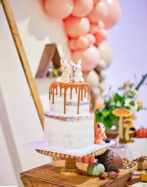woodland baby shower cake with bunnies