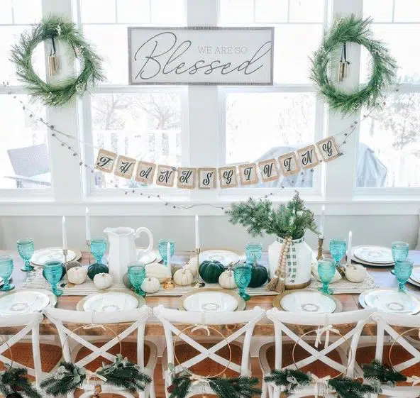 blue and white thanksgiving tablescape